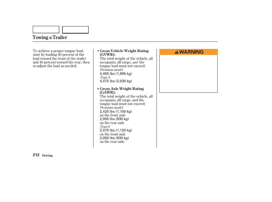 Towing a trailer | Acura 2003 TL - Owner's Manual User Manual | Page 215 / 347