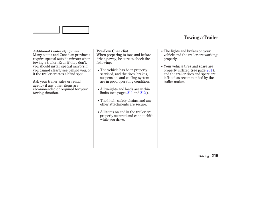 Towing a trailer | Acura 2003 TL - Owner's Manual User Manual | Page 218 / 347