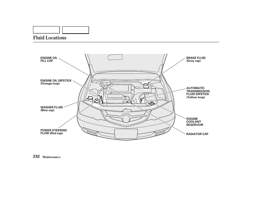 Fluid locations | Acura 2003 TL - Owner's Manual User Manual | Page 235 / 347