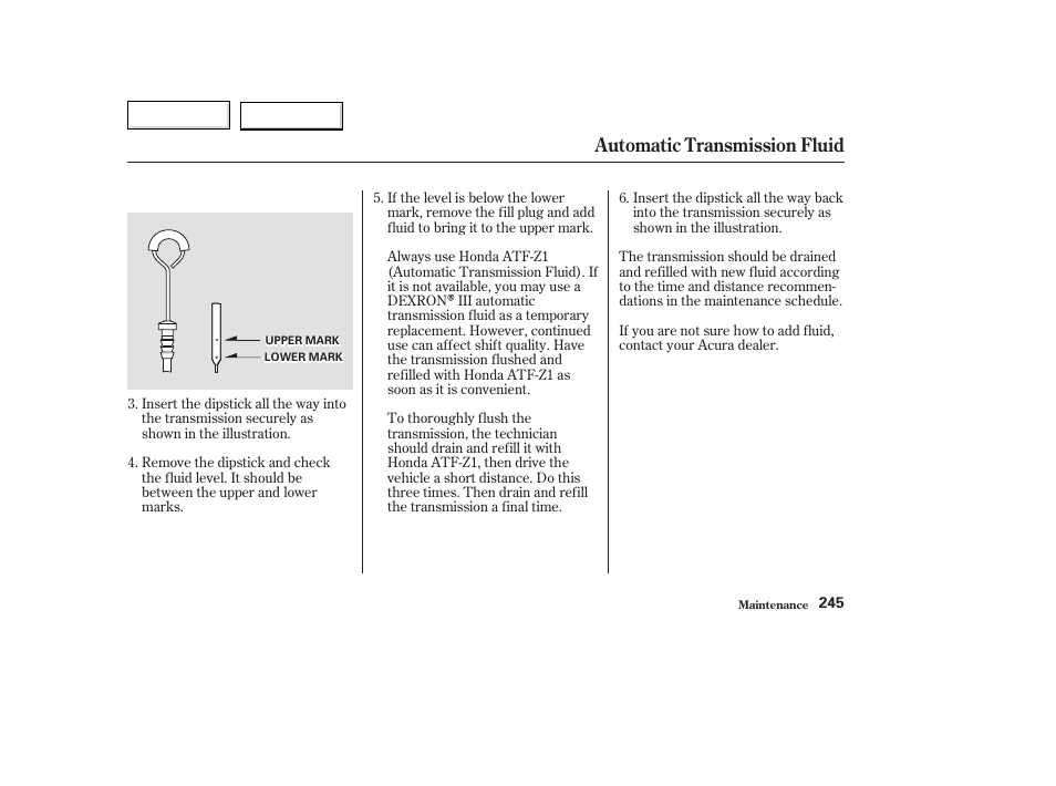 Automatic transmission fluid | Acura 2003 TL - Owner's Manual User Manual | Page 248 / 347