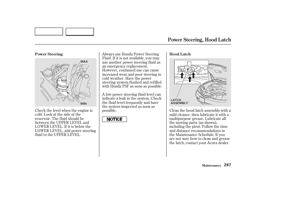 Power steering, hood latch | Acura 2003 TL - Owner's Manual User Manual | Page 250 / 347