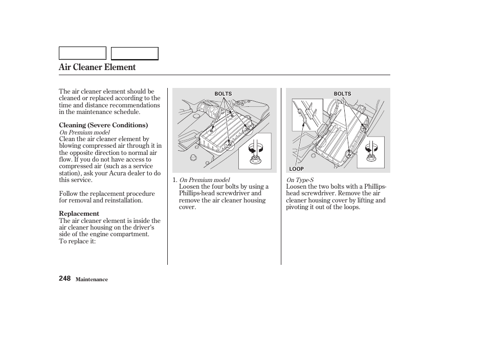 Air cleaner element | Acura 2003 TL - Owner's Manual User Manual | Page 251 / 347