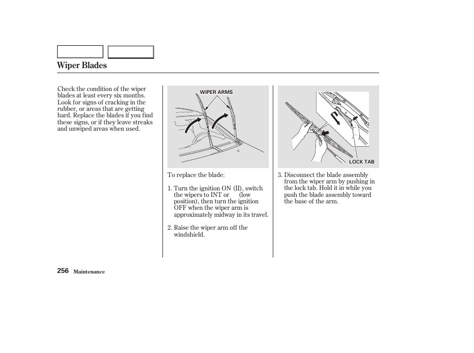 Wiper blades | Acura 2003 TL - Owner's Manual User Manual | Page 259 / 347