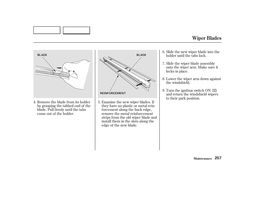 Wiper blades | Acura 2003 TL - Owner's Manual User Manual | Page 260 / 347