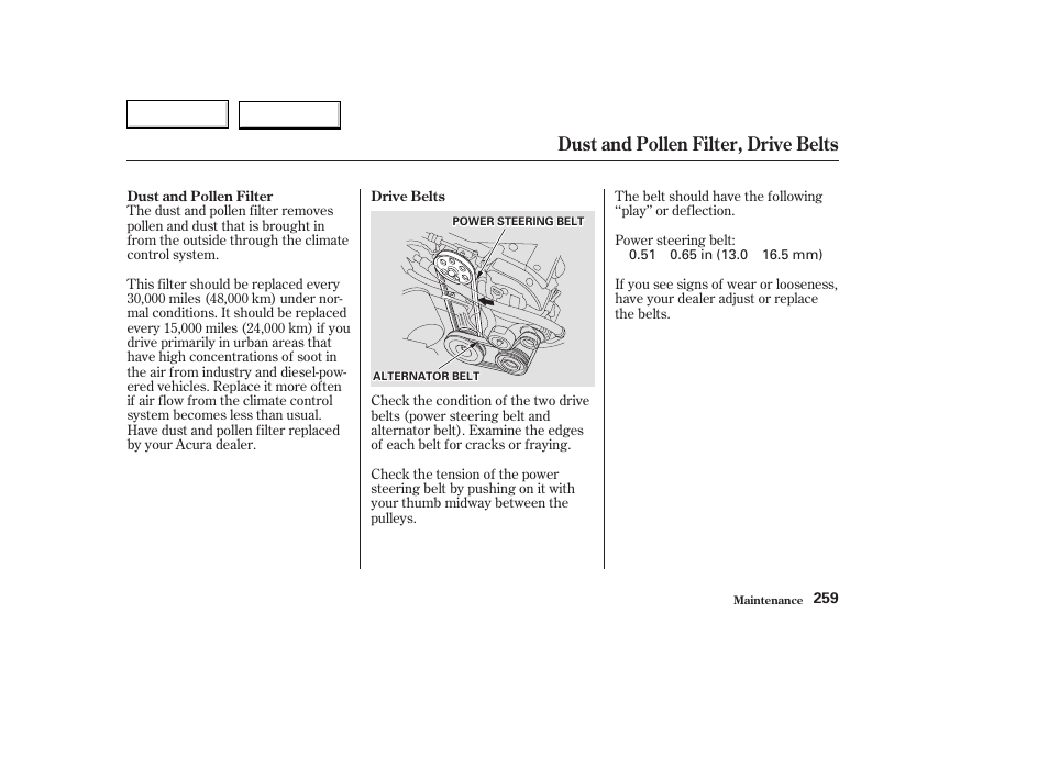 Dust and pollen filter, drive belts | Acura 2003 TL - Owner's Manual User Manual | Page 262 / 347