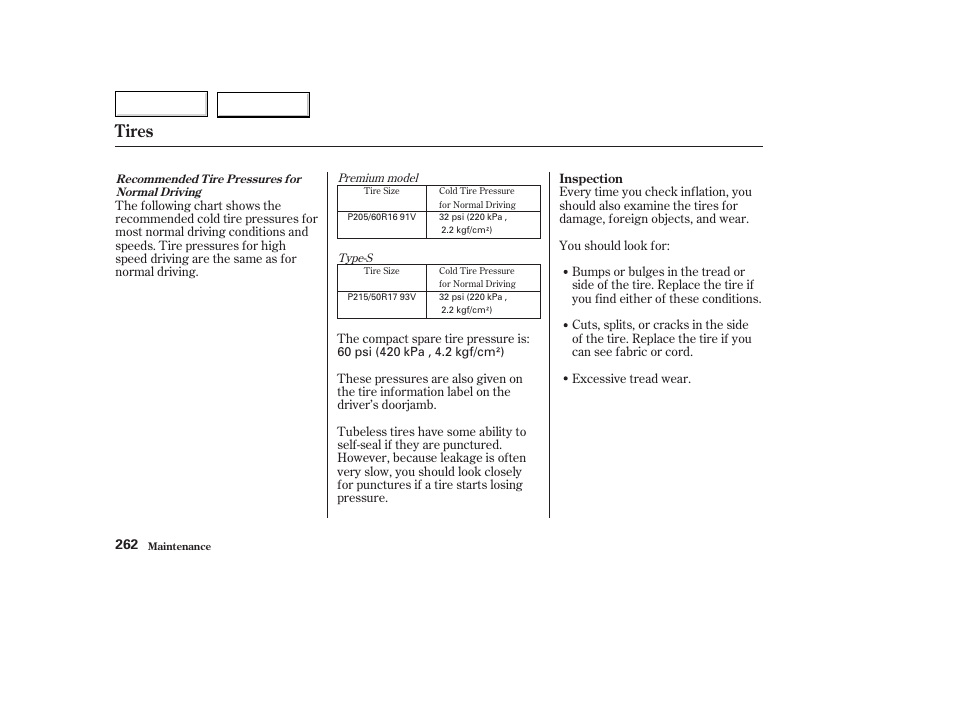 Tires | Acura 2003 TL - Owner's Manual User Manual | Page 265 / 347