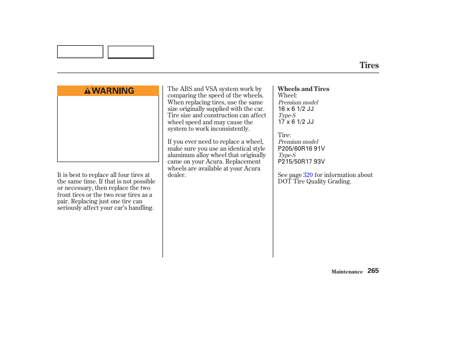 Tires | Acura 2003 TL - Owner's Manual User Manual | Page 268 / 347