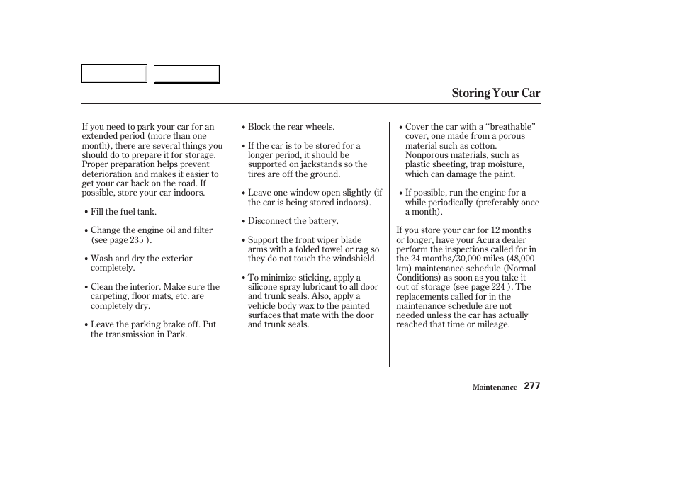 Storing your car | Acura 2003 TL - Owner's Manual User Manual | Page 280 / 347