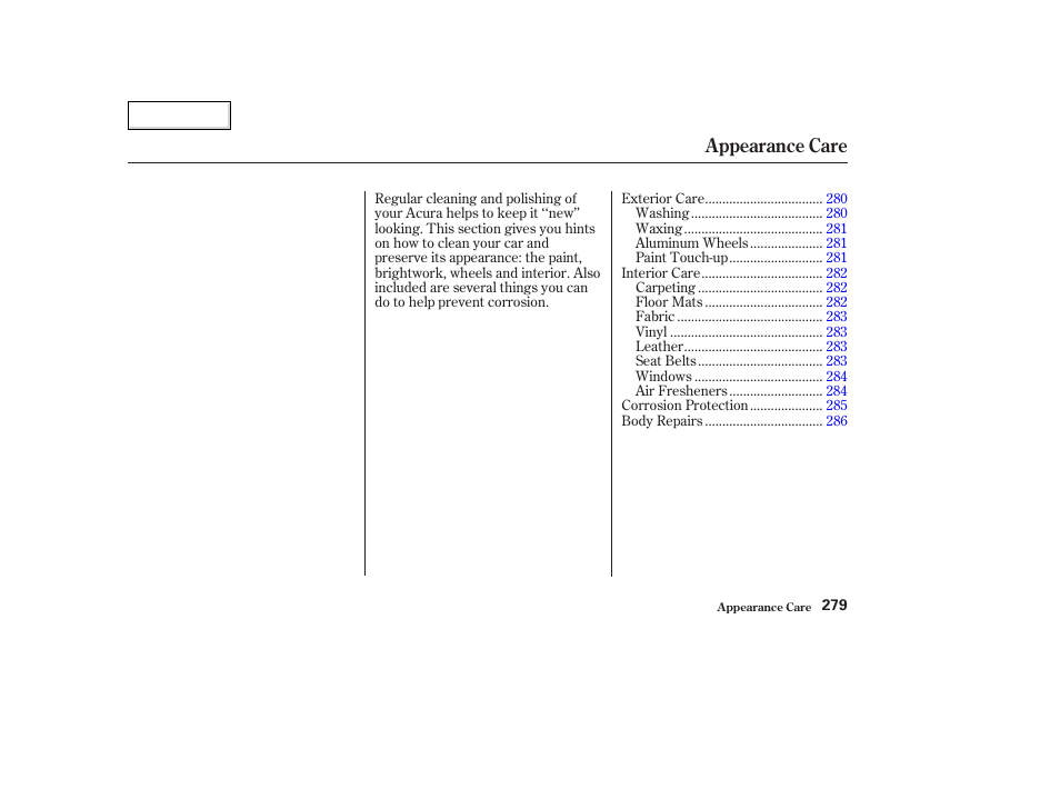 Appearance care | Acura 2003 TL - Owner's Manual User Manual | Page 282 / 347