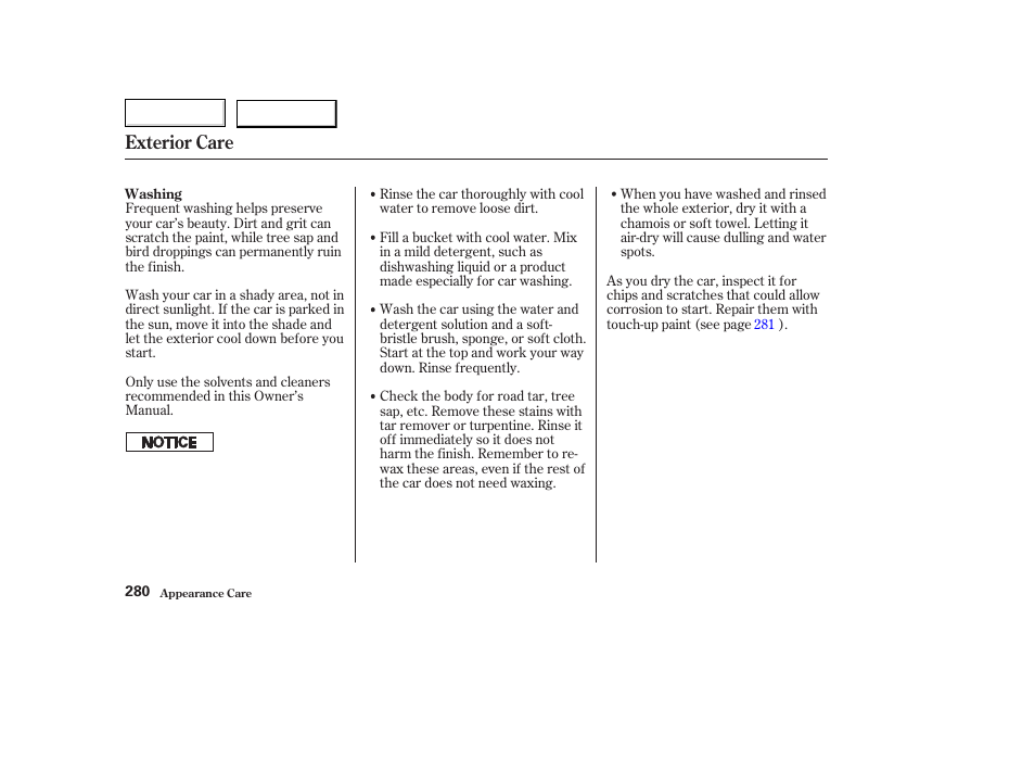 Exterior care | Acura 2003 TL - Owner's Manual User Manual | Page 283 / 347