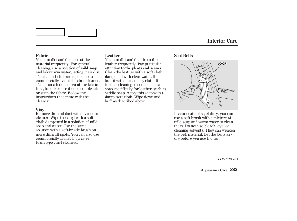 Interior care | Acura 2003 TL - Owner's Manual User Manual | Page 286 / 347