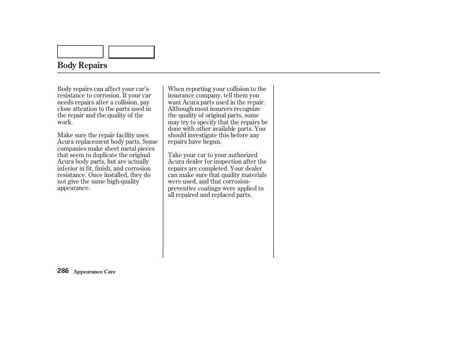 Body repairs | Acura 2003 TL - Owner's Manual User Manual | Page 289 / 347