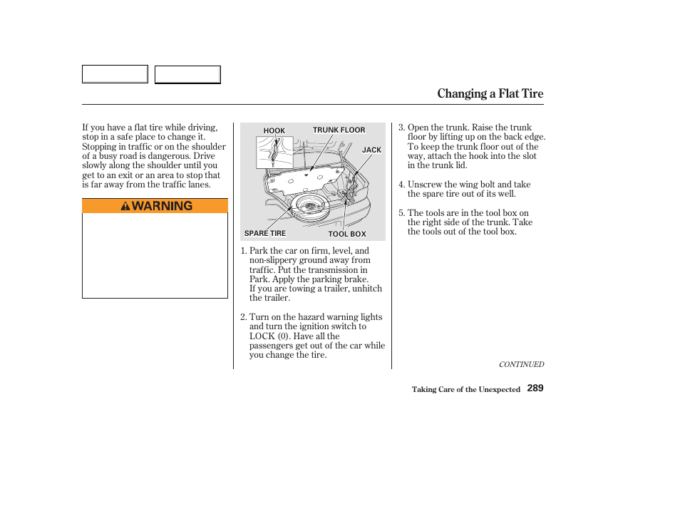 Changing a flat tire | Acura 2003 TL - Owner's Manual User Manual | Page 292 / 347
