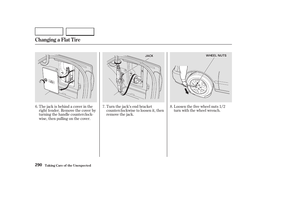 Changing a flat tire | Acura 2003 TL - Owner's Manual User Manual | Page 293 / 347