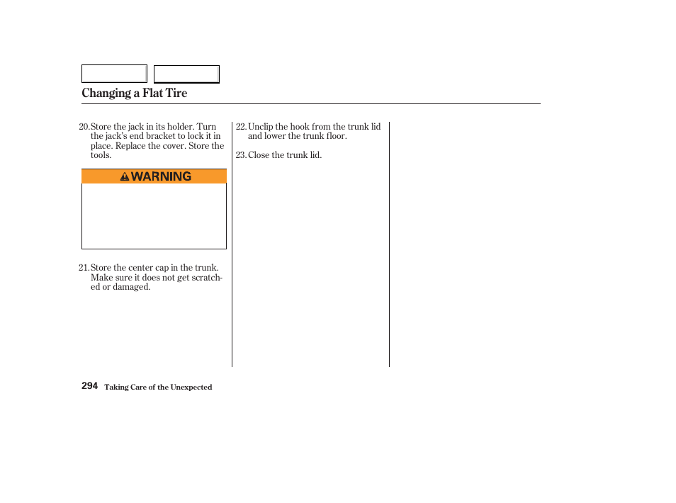 Changing a flat tire | Acura 2003 TL - Owner's Manual User Manual | Page 297 / 347