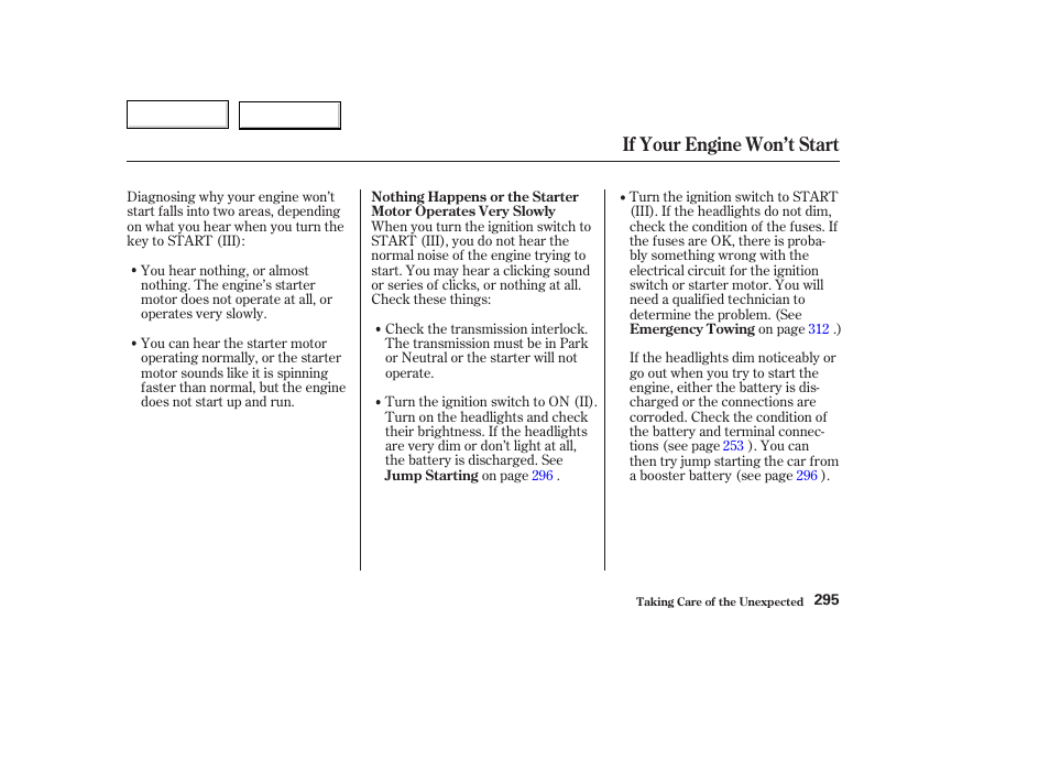 If your engine won’t start | Acura 2003 TL - Owner's Manual User Manual | Page 298 / 347