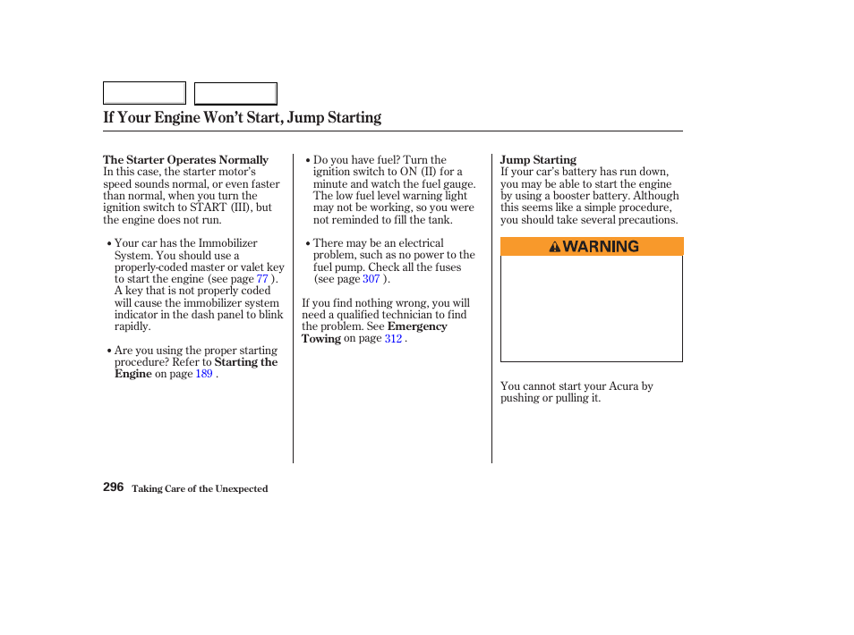 If your engine won’t start, jump starting | Acura 2003 TL - Owner's Manual User Manual | Page 299 / 347