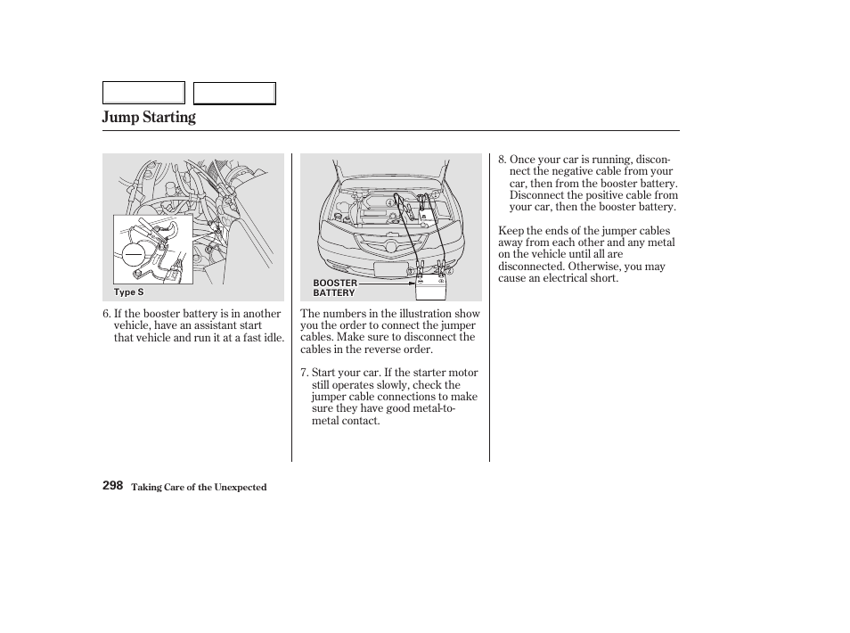 Jump starting | Acura 2003 TL - Owner's Manual User Manual | Page 301 / 347