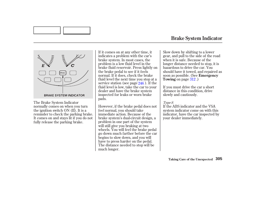 Brake system indicator | Acura 2003 TL - Owner's Manual User Manual | Page 308 / 347