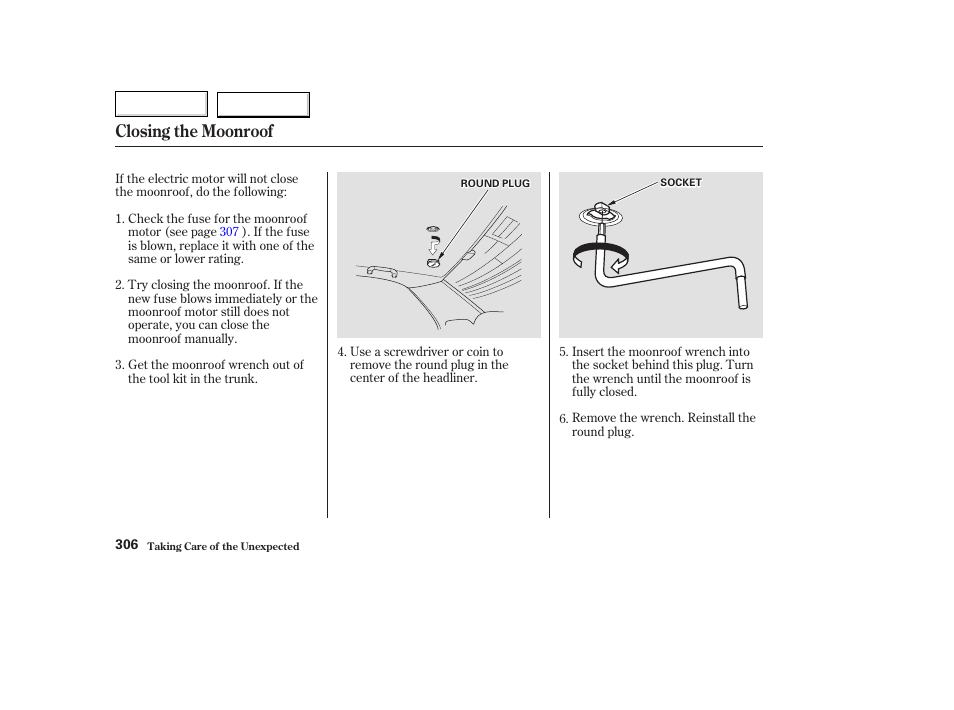 Closing the moonroof | Acura 2003 TL - Owner's Manual User Manual | Page 309 / 347