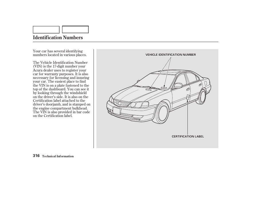 Identification numbers | Acura 2003 TL - Owner's Manual User Manual | Page 319 / 347