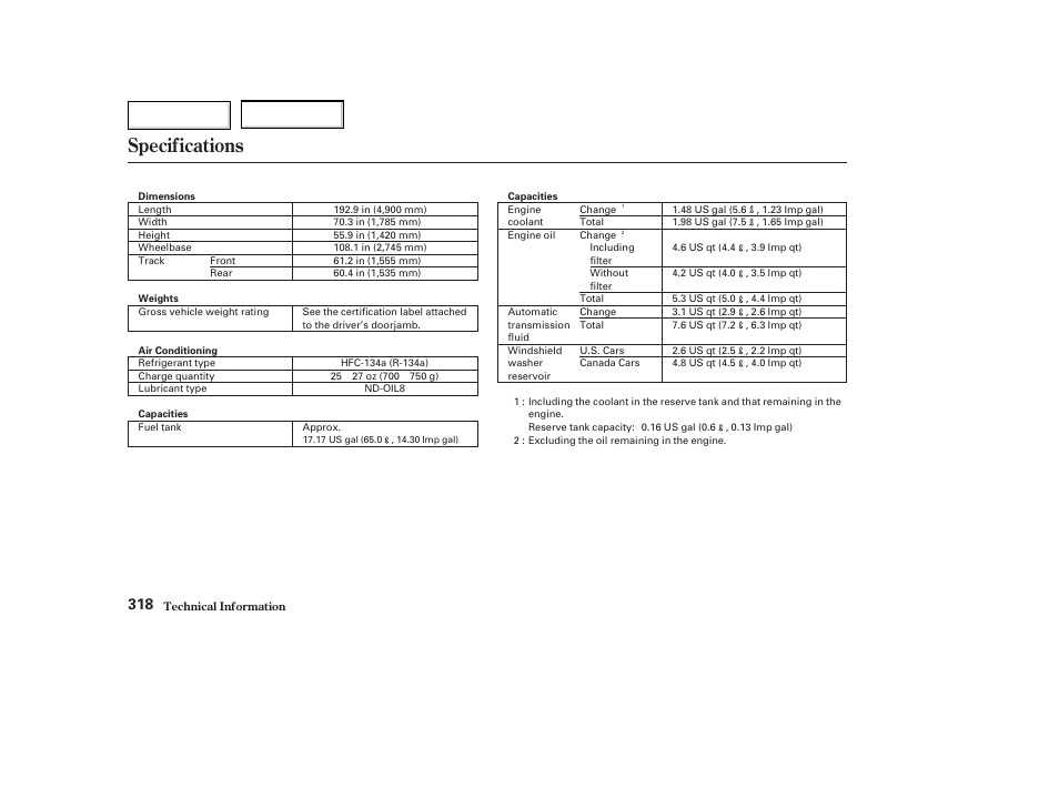 Specifications | Acura 2003 TL - Owner's Manual User Manual | Page 321 / 347