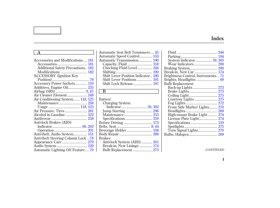 Index | Acura 2003 TL - Owner's Manual User Manual | Page 338 / 347