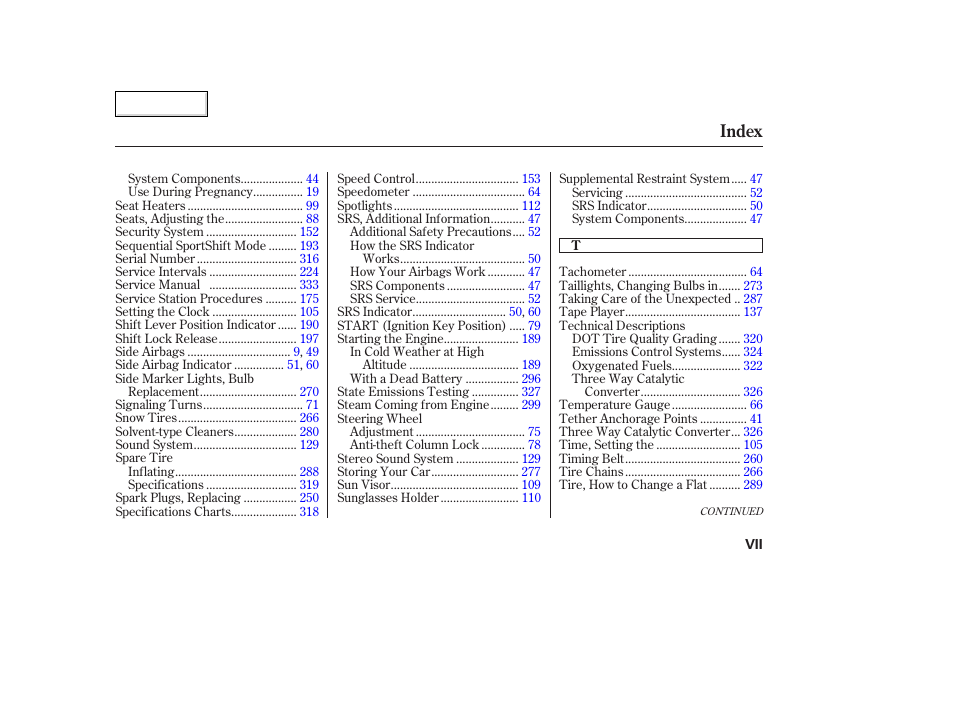 Index | Acura 2003 TL - Owner's Manual User Manual | Page 344 / 347