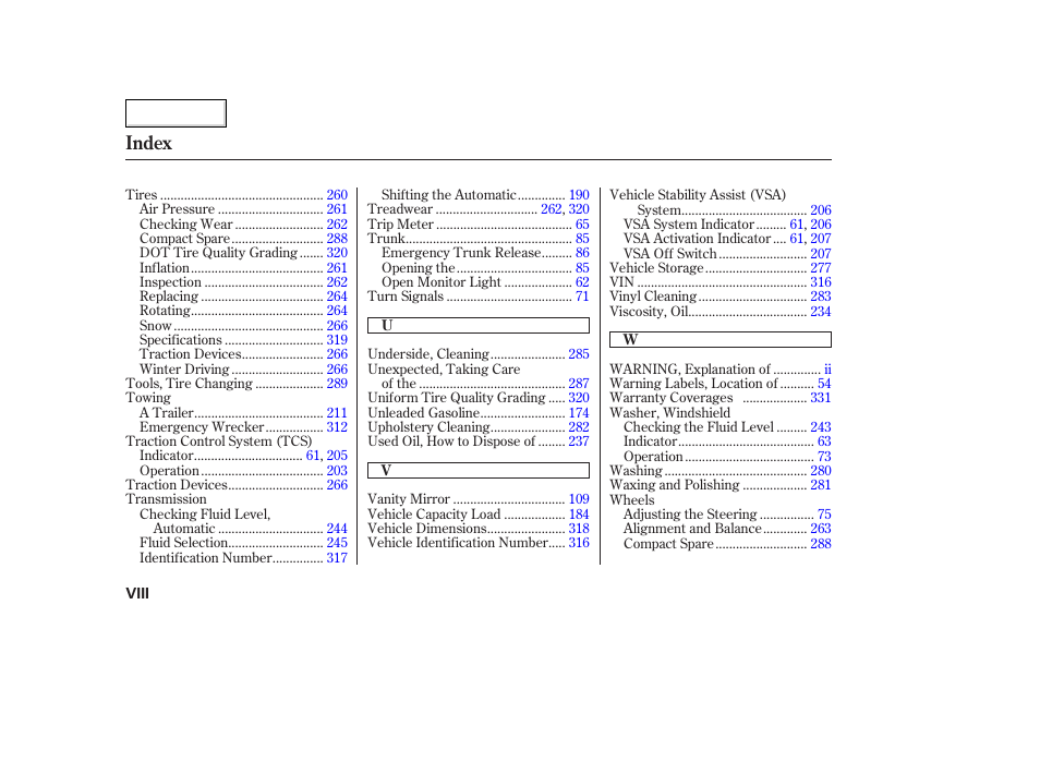 Index | Acura 2003 TL - Owner's Manual User Manual | Page 345 / 347