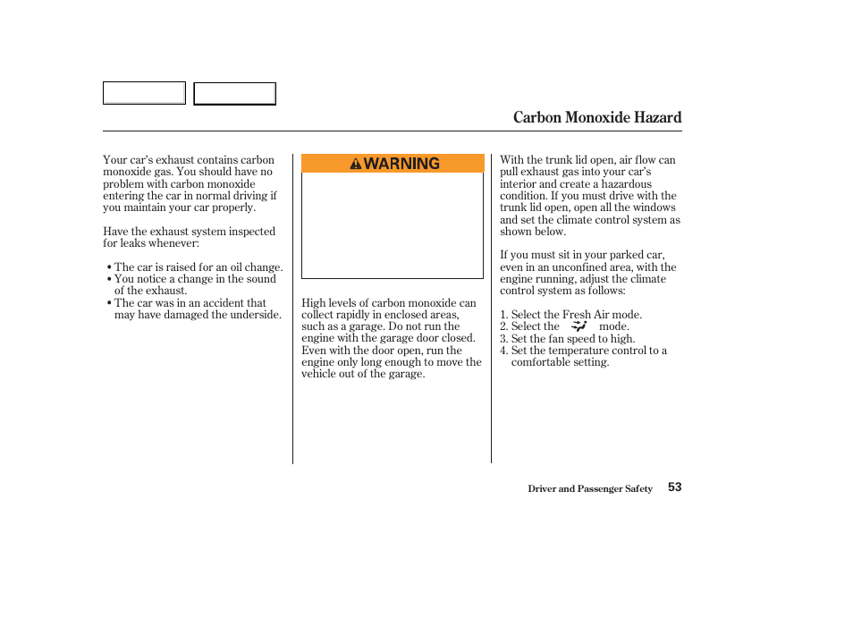 Carbon monoxide hazard | Acura 2003 TL - Owner's Manual User Manual | Page 56 / 347