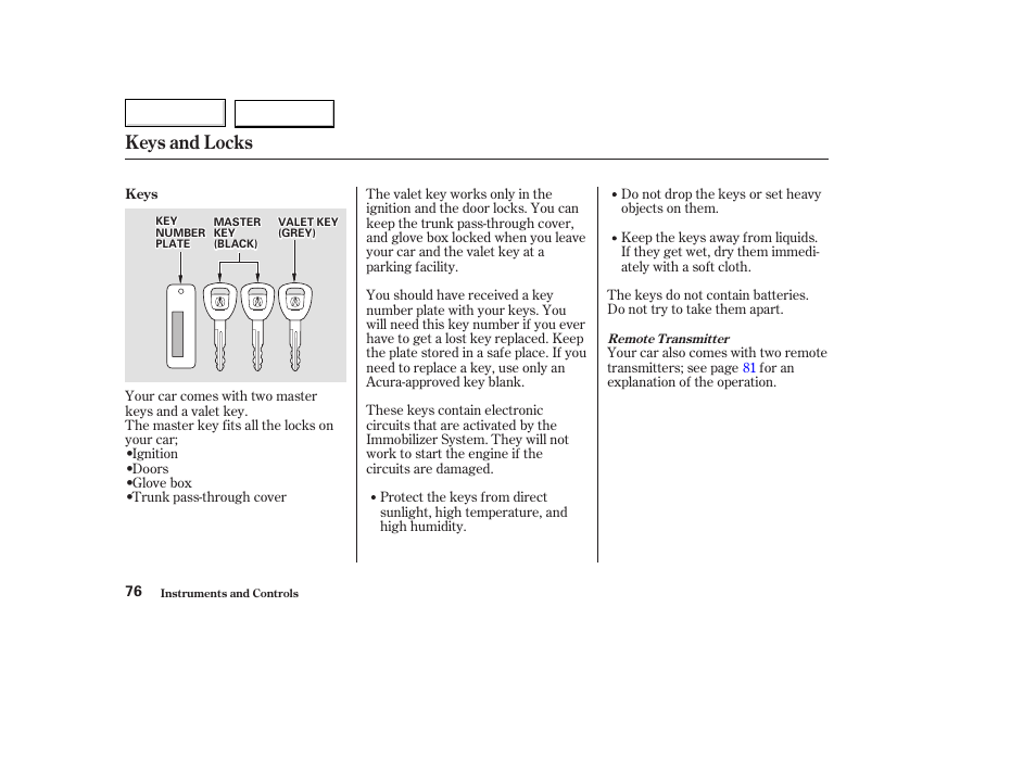 Keys and locks | Acura 2003 TL - Owner's Manual User Manual | Page 79 / 347