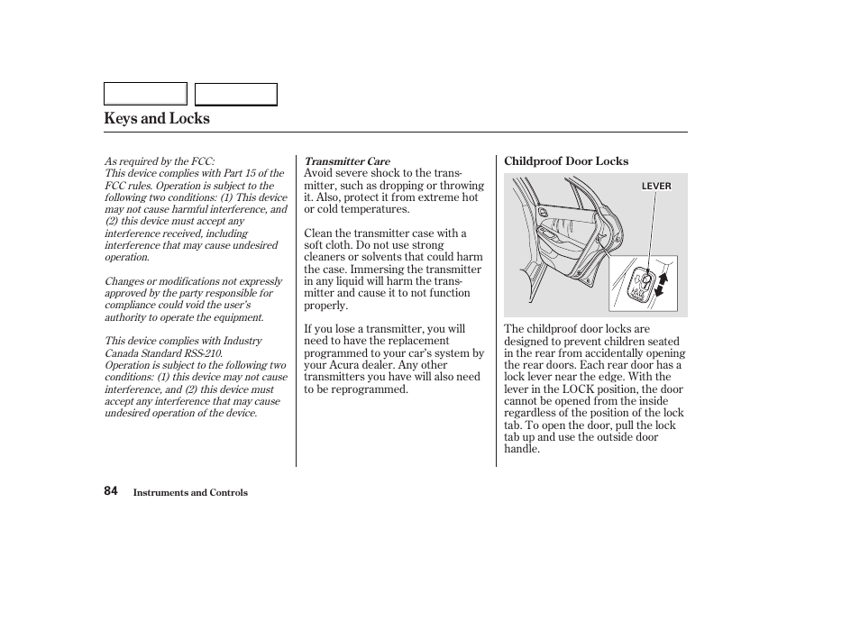 Keys and locks | Acura 2003 TL - Owner's Manual User Manual | Page 87 / 347