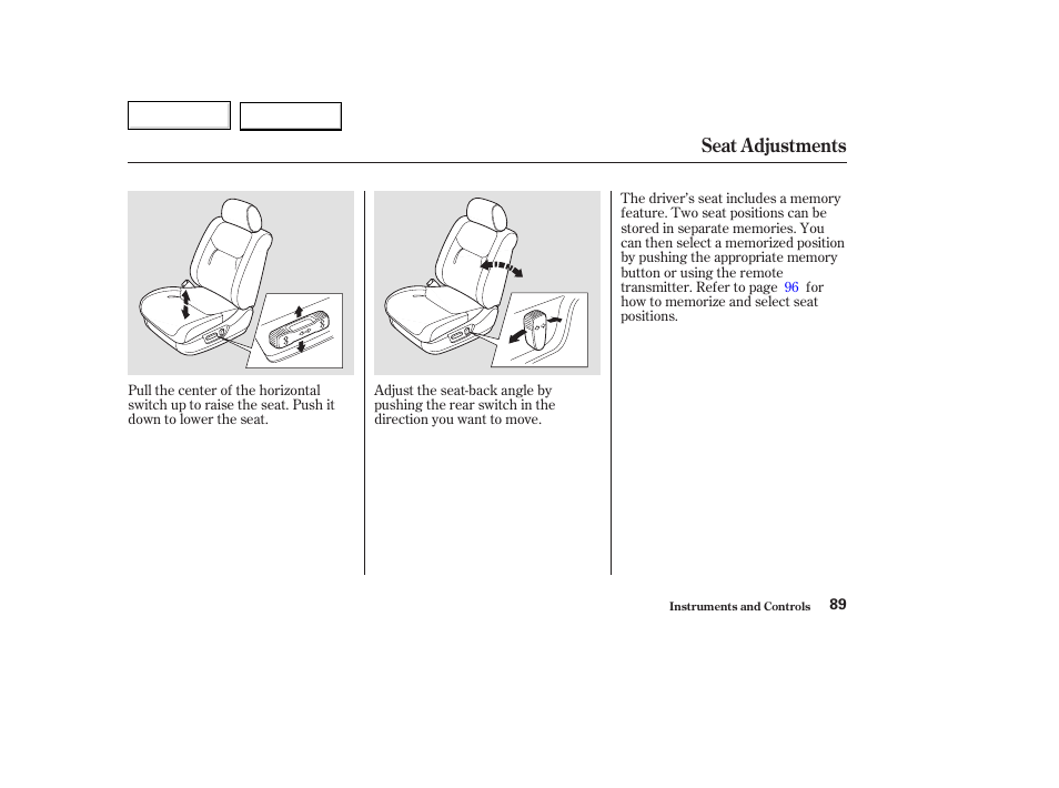 Seat adjustments | Acura 2003 TL - Owner's Manual User Manual | Page 92 / 347