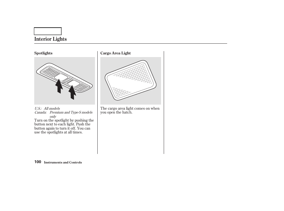 Interior lights | Acura 2003 RSX - Owner's Manual User Manual | Page 103 / 320