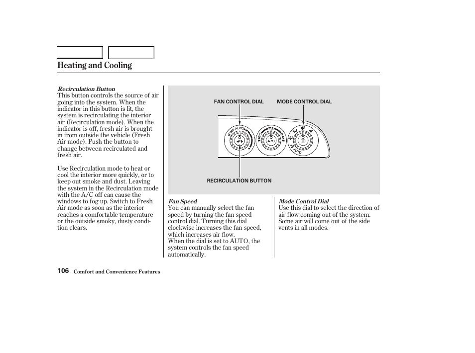 Heating and cooling | Acura 2003 RSX - Owner's Manual User Manual | Page 109 / 320
