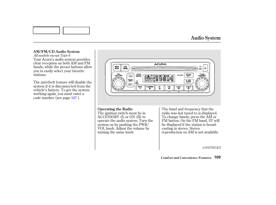 Audio system | Acura 2003 RSX - Owner's Manual User Manual | Page 112 / 320