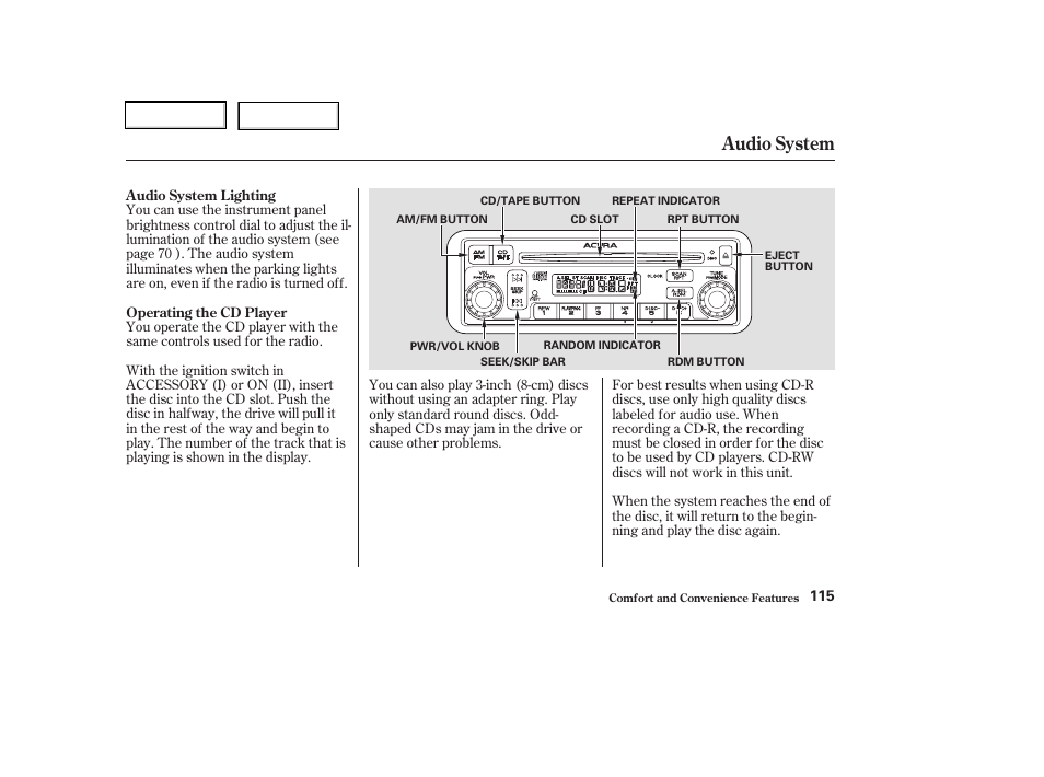 Audio system | Acura 2003 RSX - Owner's Manual User Manual | Page 118 / 320