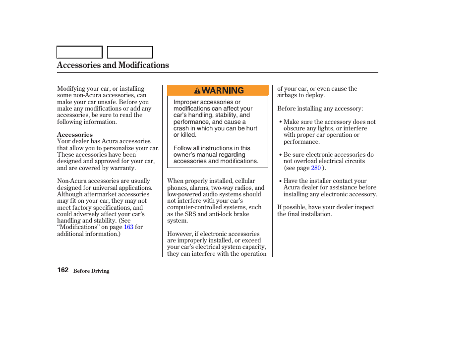 Accessories and modifications | Acura 2003 RSX - Owner's Manual User Manual | Page 165 / 320