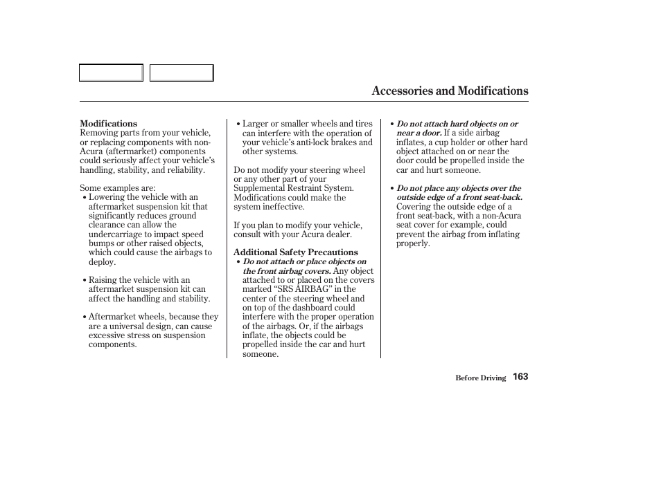 Accessories and modifications | Acura 2003 RSX - Owner's Manual User Manual | Page 166 / 320