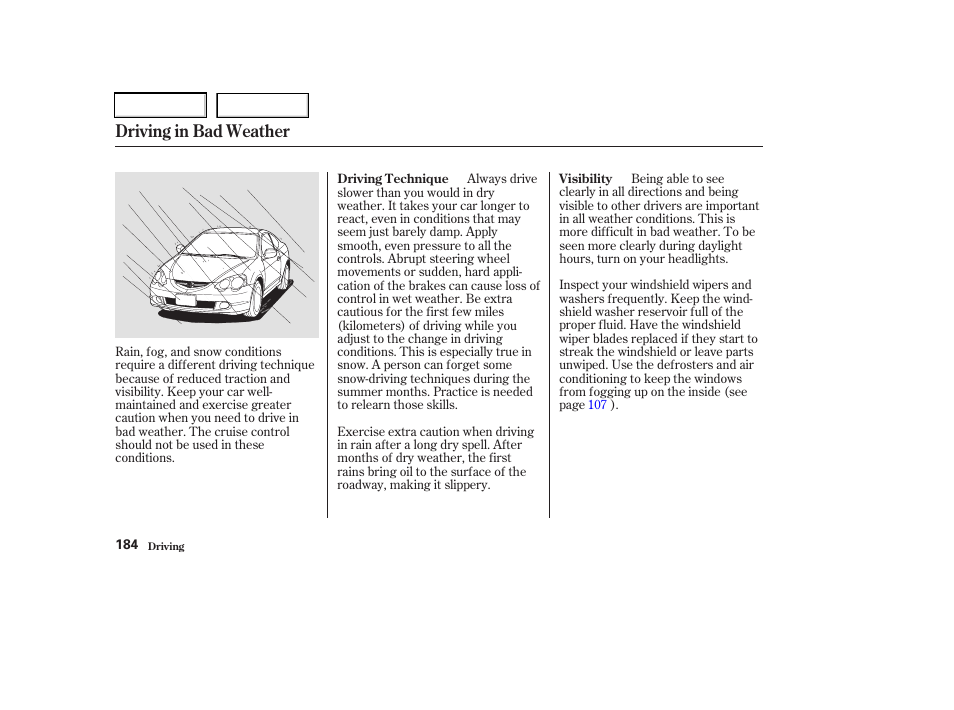 Driving in bad weather | Acura 2003 RSX - Owner's Manual User Manual | Page 187 / 320