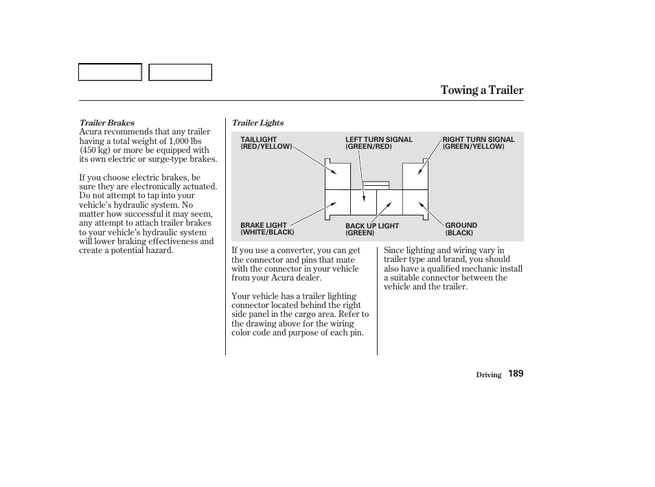 Towing a trailer | Acura 2003 RSX - Owner's Manual User Manual | Page 192 / 320