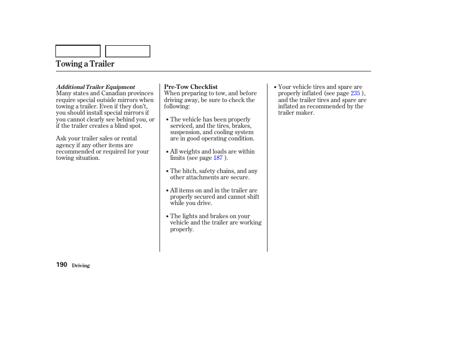 Towing a trailer | Acura 2003 RSX - Owner's Manual User Manual | Page 193 / 320