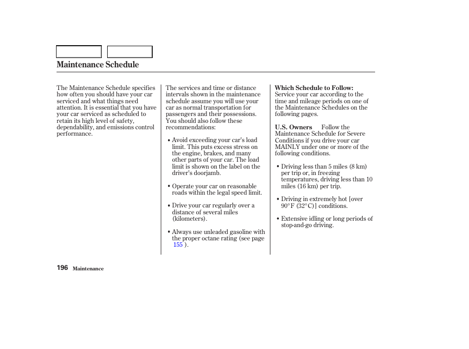 Maintenance schedule | Acura 2003 RSX - Owner's Manual User Manual | Page 199 / 320