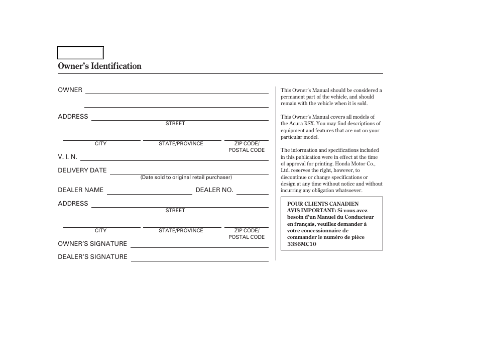 Owner's identification form, Owner’s identification | Acura 2003 RSX - Owner's Manual User Manual | Page 2 / 320
