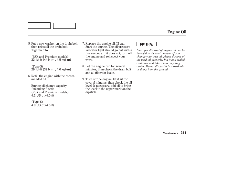 Engine oil | Acura 2003 RSX - Owner's Manual User Manual | Page 214 / 320