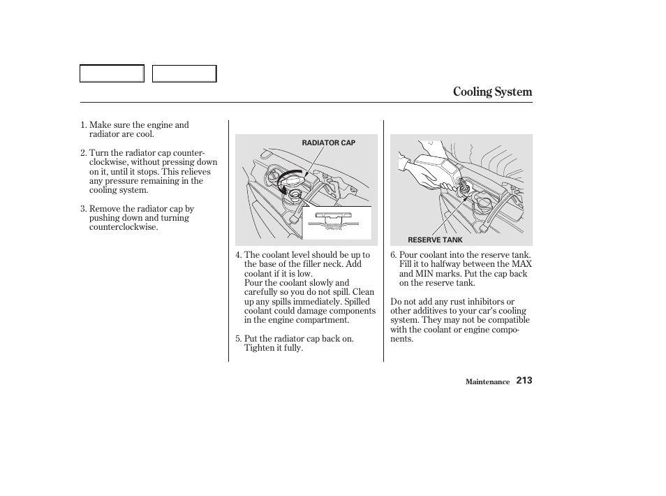 Cooling system | Acura 2003 RSX - Owner's Manual User Manual | Page 216 / 320