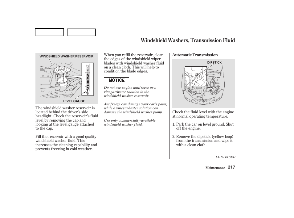 Windshield washers, transmission fluid | Acura 2003 RSX - Owner's Manual User Manual | Page 220 / 320