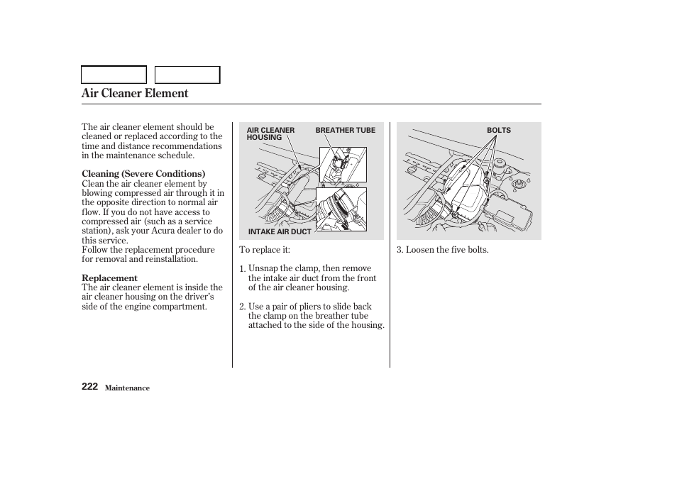 Air cleaner element | Acura 2003 RSX - Owner's Manual User Manual | Page 225 / 320