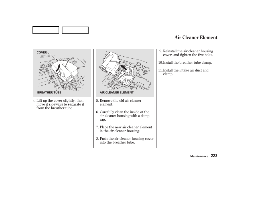 Air cleaner element | Acura 2003 RSX - Owner's Manual User Manual | Page 226 / 320