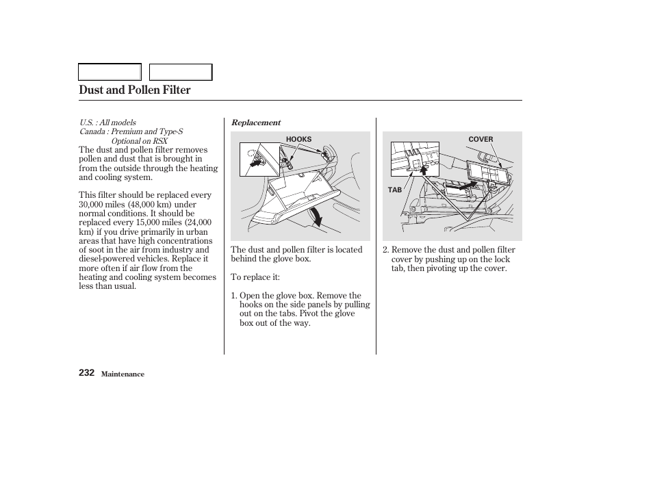 Dust and pollen filter | Acura 2003 RSX - Owner's Manual User Manual | Page 235 / 320